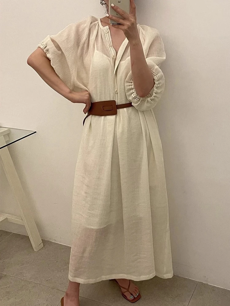 Loose Dress Women Korean Style Single Breasted V Neck Design Minimalist Versatile Female Dresses 2024 Summer New