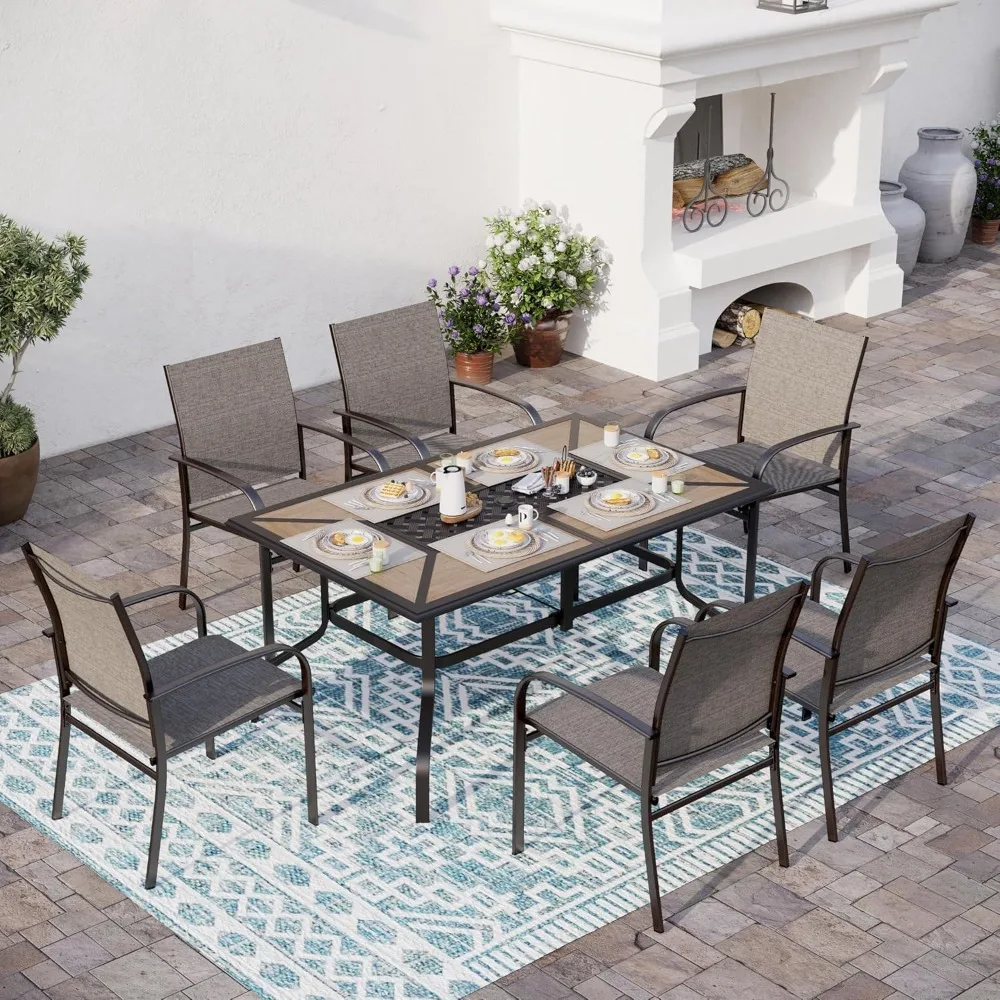 

61 Patio Dining Table for 6,Teak Color Rectangle Patio Table with Umbrella Hole, E-Coating and Powder Coating Steel Frame Metal