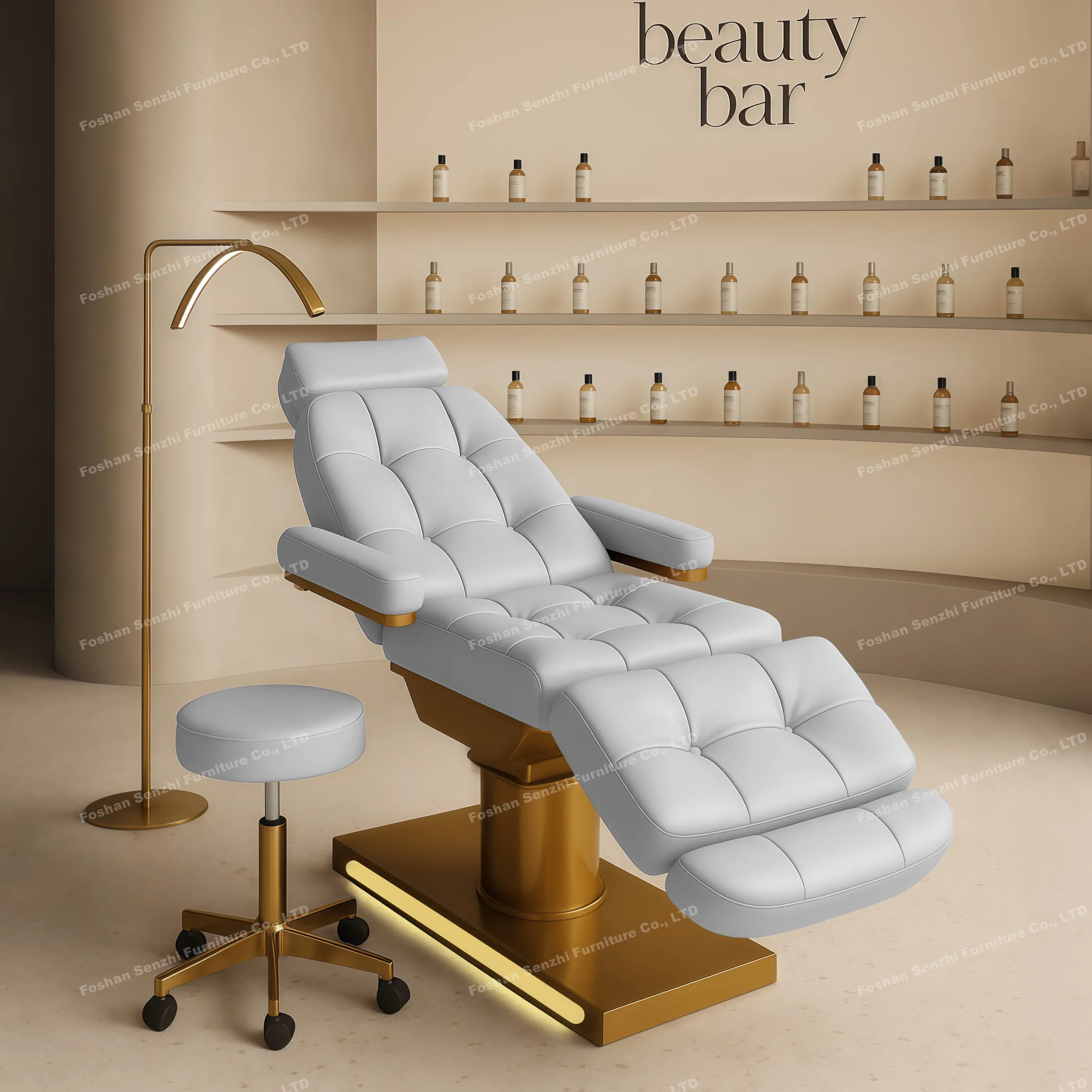 

Golden Base Electric Beauty Bed White Leather Massage Bed Salon Facial Eyelash Lash Bed