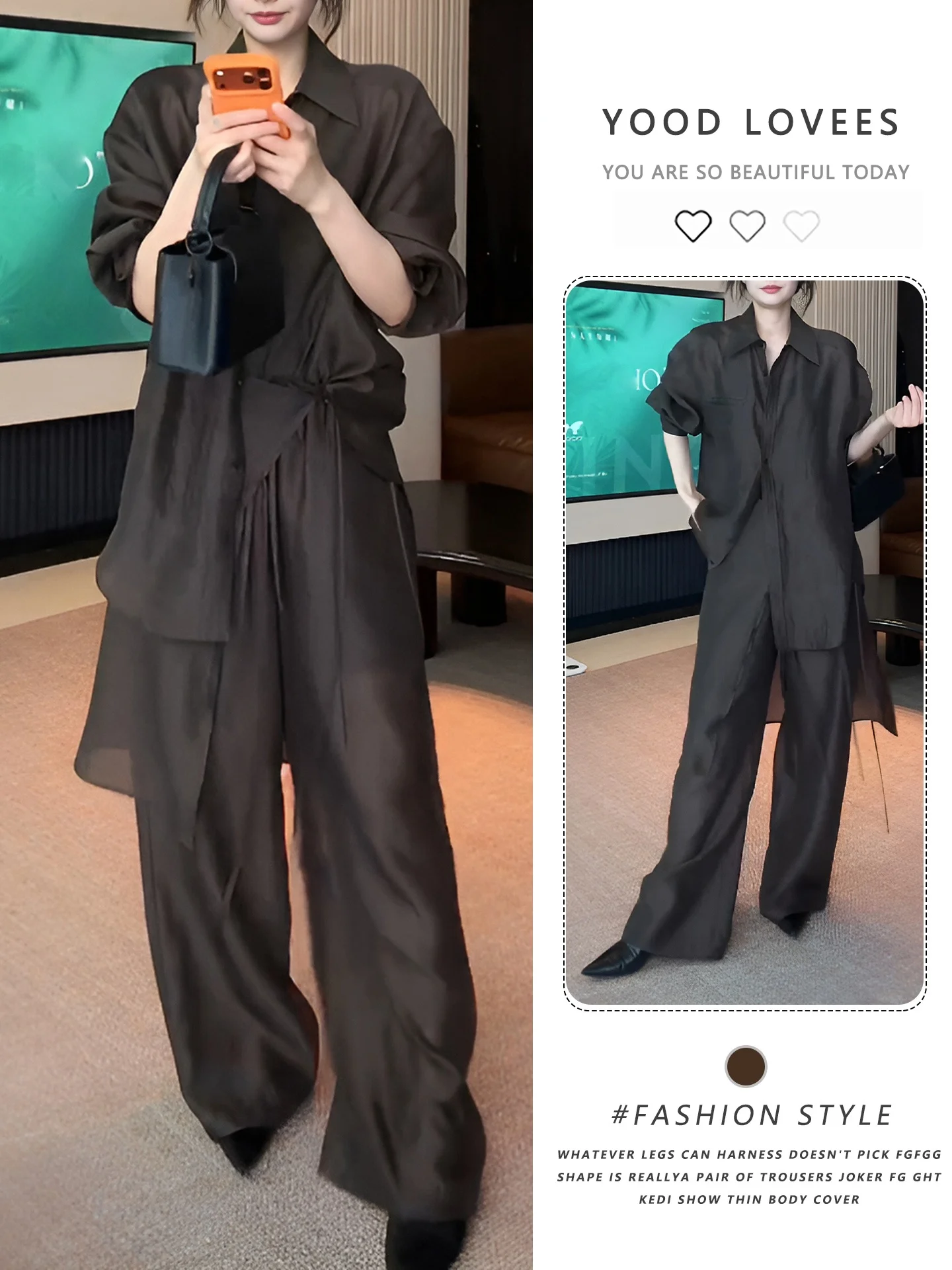 

Elegant Summer Women's Shirt Wide Leg Pants Two-Piece Set Lazy Style Cool Sister Quality Fashionable Casual Wear