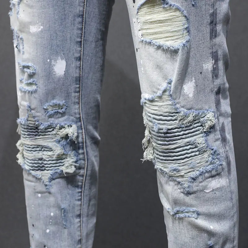 

Y2K fashionable new men's jeans, painted, washed, nostalgic, stretchy, slim fit, light blue jeans, high street hip-hop br
