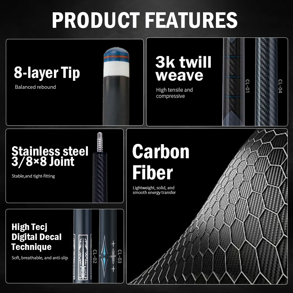 Billiard Pool Cue Stick Carbon Fiber Shaft Low Deflection 58in 12.5mm Tip 3/8x8 Joint Adjustable Weight 8/9 Ball CRICAL