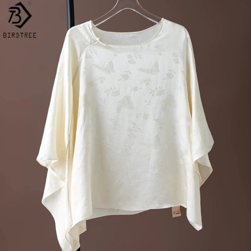 

Birdtree, 100% Silk Blouse, O-neck Batwing Sleeve Loose Shirt, Women's Jacquard Luo Satin Loose Smock, 2026 Summer New T64021JF