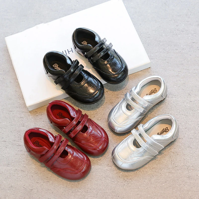 Kids'Casual Shoes Sneakers Pearl PU Leather Spring Shoes For Girls Hook and Loop Soft Bottom Silver Red Shoes Size 26-36