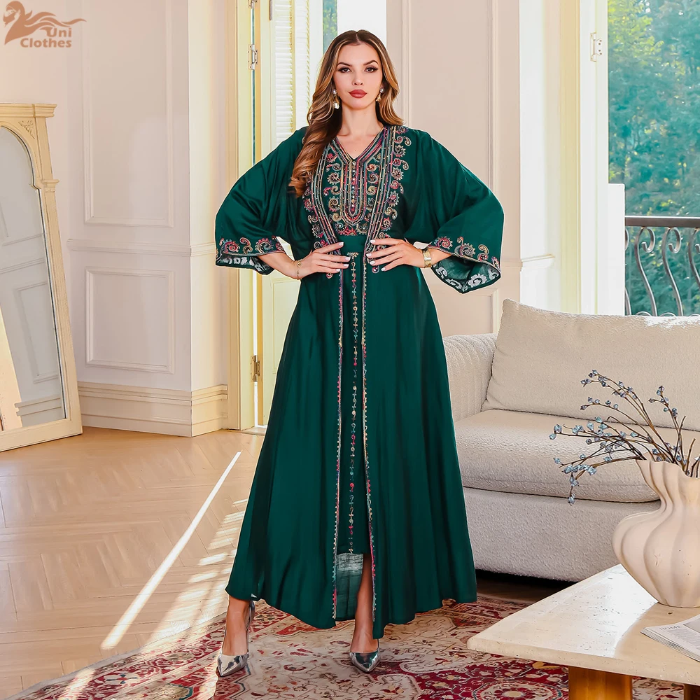 

Eid Ramadan Dubai 2 Piece Set Embroidered Abaya with Inner Dress Muslim Kaftan for Women Islamic Party Clothing
