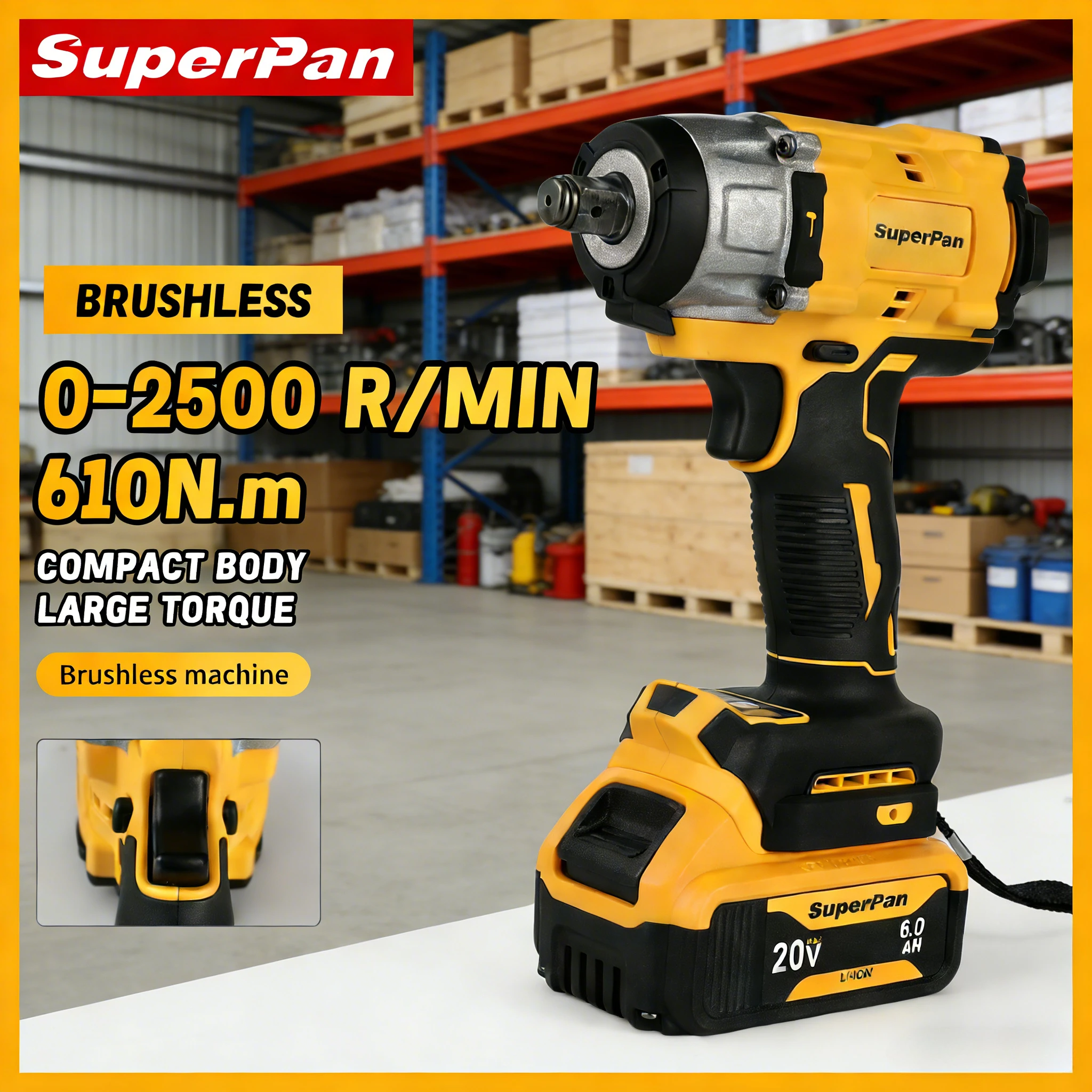 

Ударный гайковерт SuperPan SP922: профессиональный инструмент для гаражного оборудования, ремонта и промышленных работ, совместим с аккумулятором DeWalt 20V.