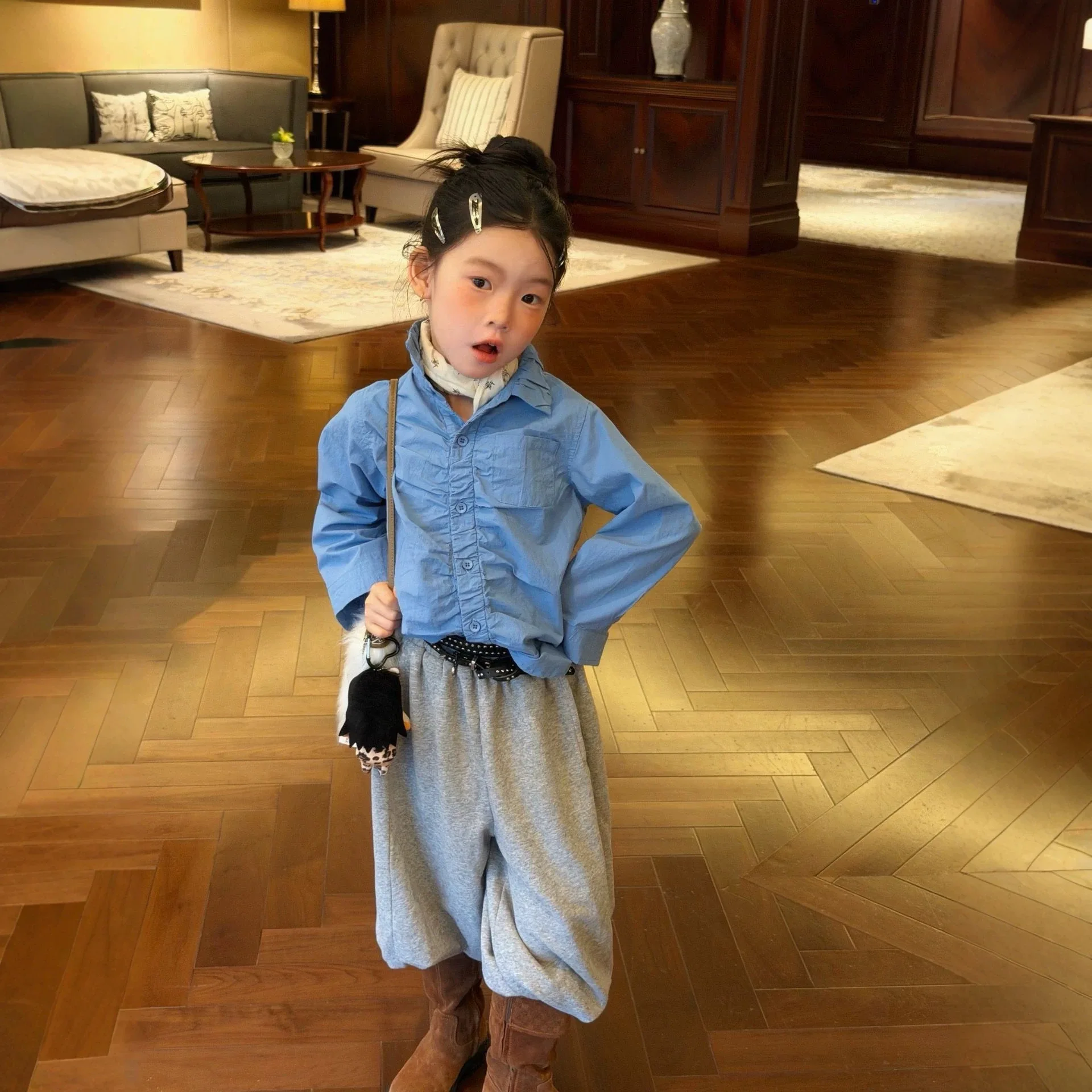 Girls' Autumn Shirt Korean Fashion Wrinkled Turn-down Collar Blue Long Sleeve Shirt Grey Curved Knife Pants