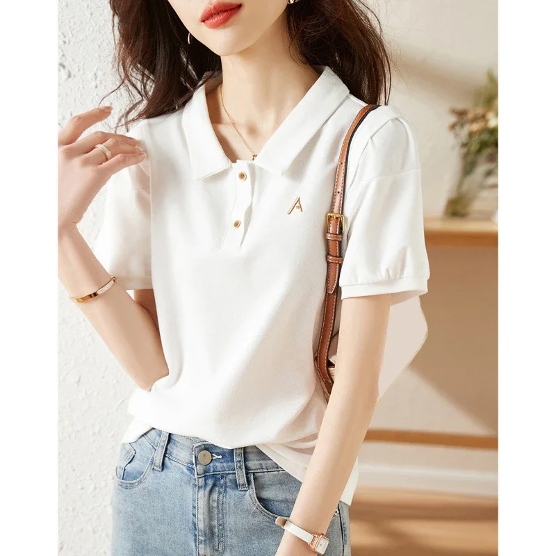 Women's Clothing Solid Color Summer Letter Embroidery Short Sleeve Peter Pan Collar T-shirt Formal Pullover All-match Tops