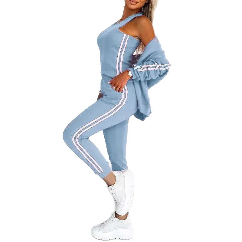 Women Striped Long Sleeve Button Jacket Cami Top Jogger Pants Three Piece Set Solid Color Casual Sport Streetwear Outfit