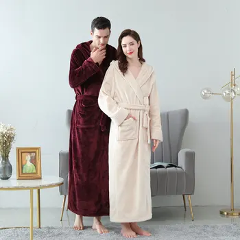 플란넬 커플 긴 로브 패션 후드 목욕 가운, 가을 겨울 카디건, 기모노 두꺼운 벨벳 잠옷, 여성 라운지웨어