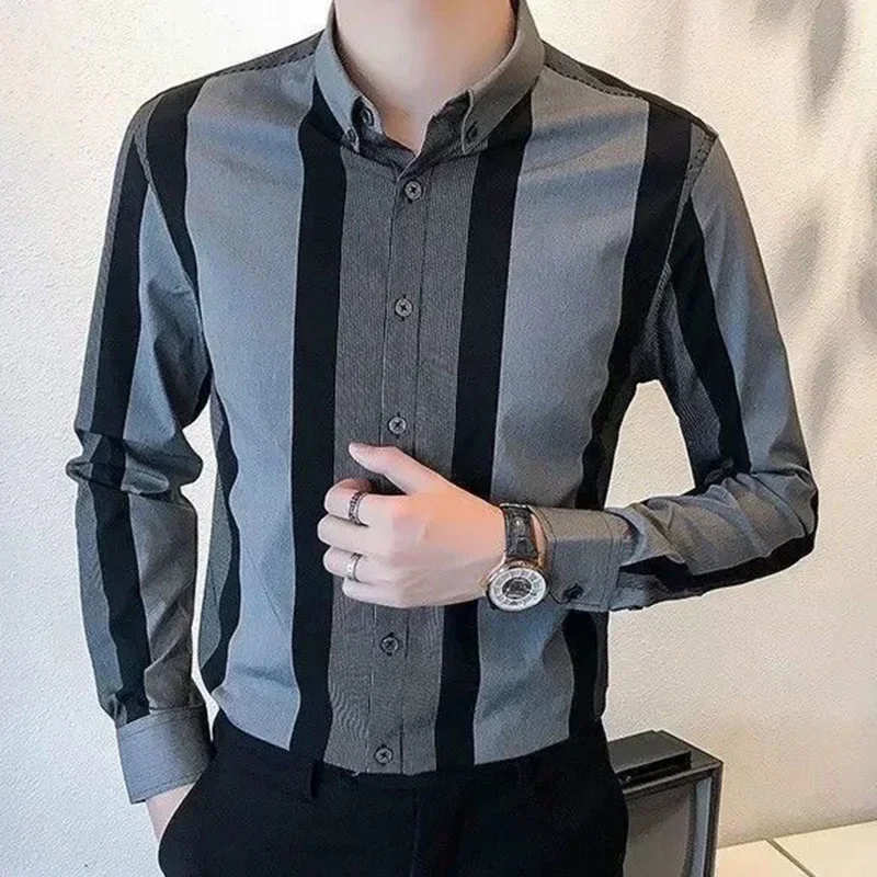 

Fashion Lapel All-match Printed Striped Business Shirts Men's Clothing 2023 Autumn New Oversized Casual Tops Loose Korean Shirt