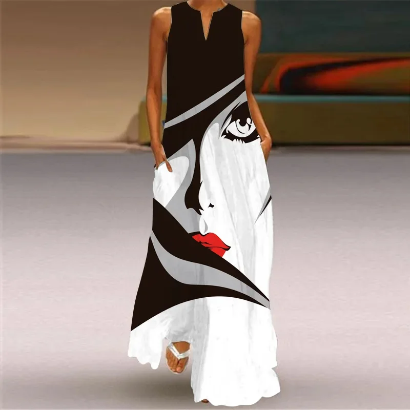 Summer Outdoor Street Fashion Women's Long Dress New Abstract Art Print Dress Sleeveless Vest V-Neck Fashion Women's Party Dress