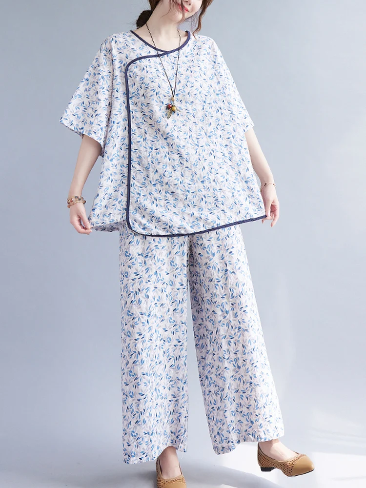

plus Size Women's Casual Cotton Linen Set Short Sleeve Wide Leg Pants Floral Print High Waist Nine Points Summer Outfit