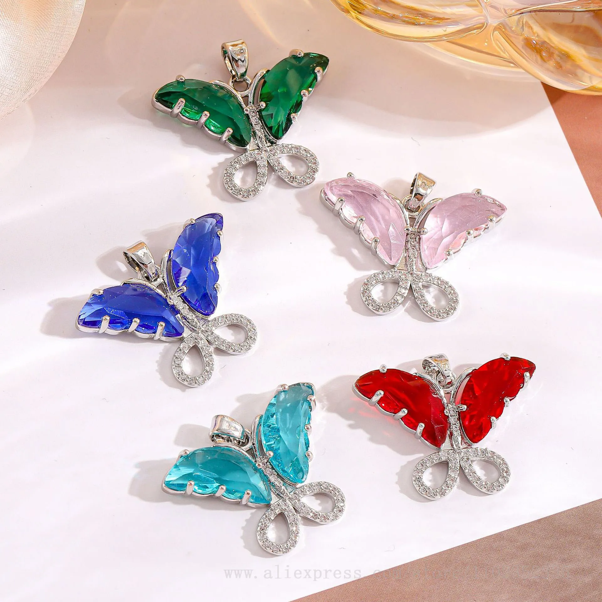 10pcs/ Bag  New 14k gold glass copper edging double-sided three-dimensional wing butterfly pendant DIY necklace accessories