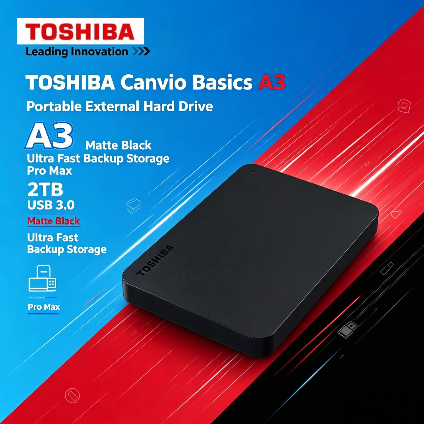 Ultra Fast Backup Storage Toshiba Canvio Basics A3 2TB Portable External Hard Drive USB 3.0 Matte Black Pro Max