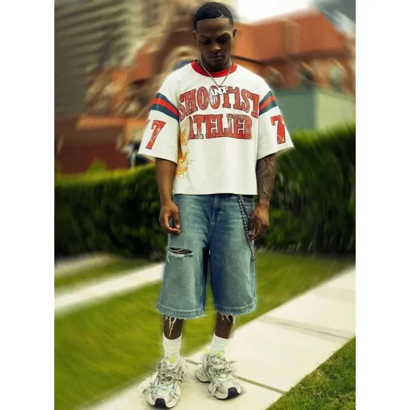 

Bear House Anime C American High Street Hip-hop Ретро Y2k Джерси с круглым вырезом из чистого хлопка Летняя футболка с буквенным принтом f ZoZ * 1h9