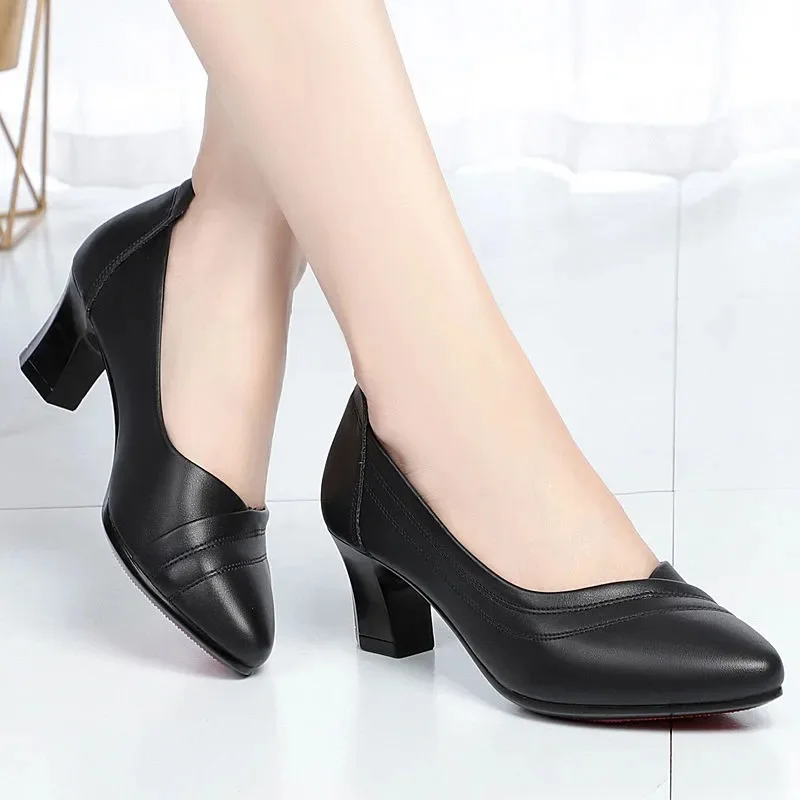 Women Classic Round Toe Black Patent Leather Slip on Square Heel Shoes for Office Lady Casual Hotel Work Pumps Zapatos Mujer A12