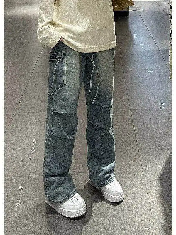 

Ретро-джинсы американского стиля с прямыми штанинами для мужчин, осенние, высококачественные, модные, брендовые, в стиле Cleanfit, рабочая одежда, широкие брюки, повседневные, молодежные, стильные