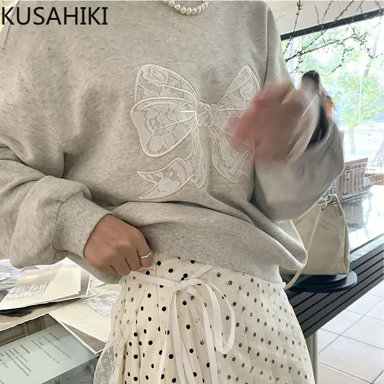 KUSAHIKI Vintage Causal O-neck Bow Printed Gray Sweatshirt Women 2024 Spring New Versatile Long Sleeved Top Jumper