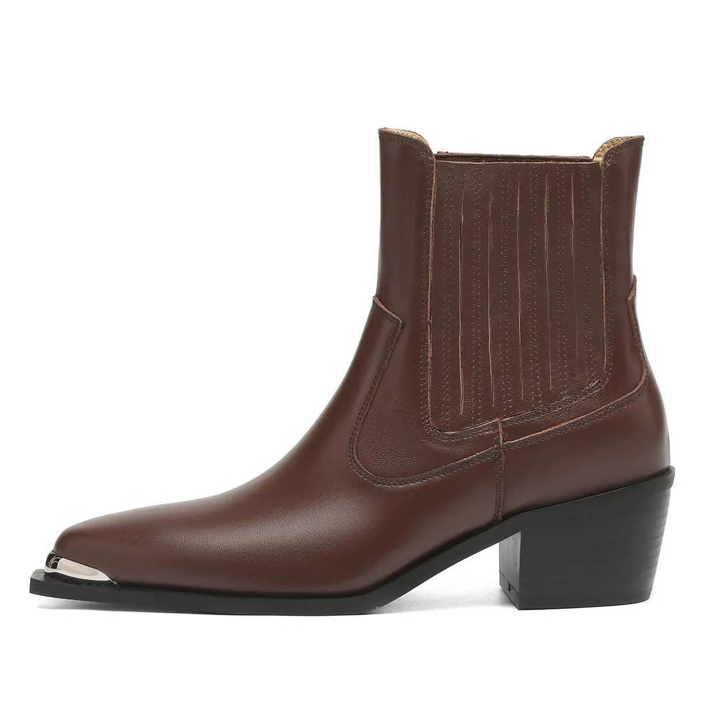 Aucegi Women Genuine Leather Chelsea  Ankle Boots Metal Wrap Pointed Toe Chunky Heel Retro Handmade Party Shoes Big Size 34-43