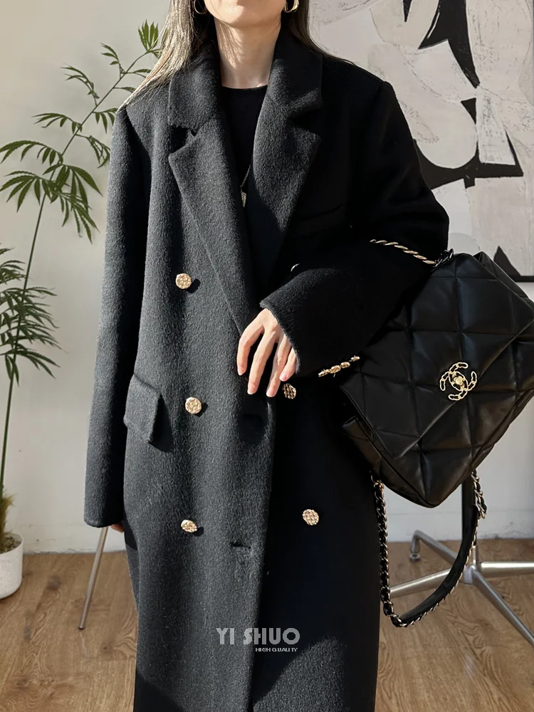 Damski płaszcz z wełny i kaszmiru na jesień i zimę, jednolity kolor, gruby, dwustronny, długi, wysokiej jakości, modny, z klapami, długi rękaw.