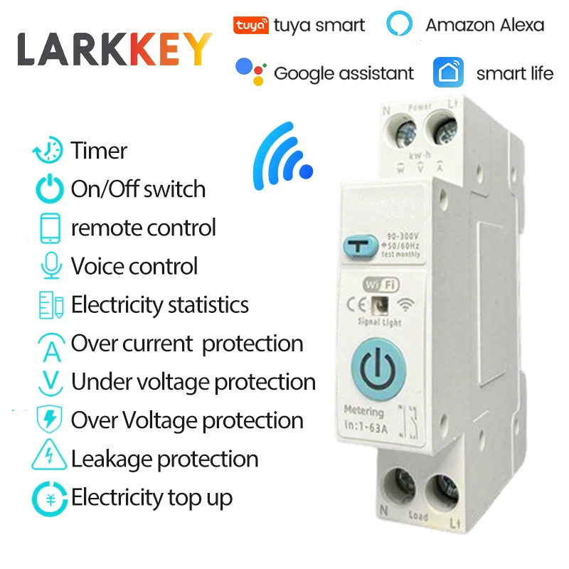 

TUYA WIFI 1-63A Smart Circuit Breaker Leakage Over Current Under Voltage Protection Power Metering Remote Control Switch LARKKEY