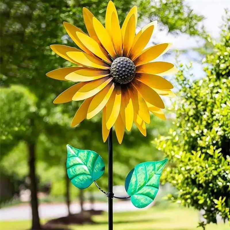 75x20cm Sunflower Windmill Metal Rotating Sunflower Wind Spinner With Stake Standing Lawn Flower Pinwheel Outdoor Garden Decor