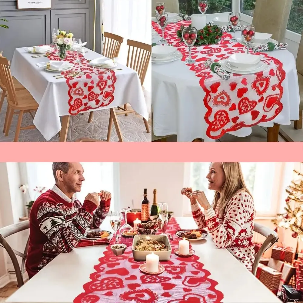 1PC Valentines Day Decor Home Romantic Decorations Heart Shaped Table Runner,Red Lace Table Runner For Wedding Party