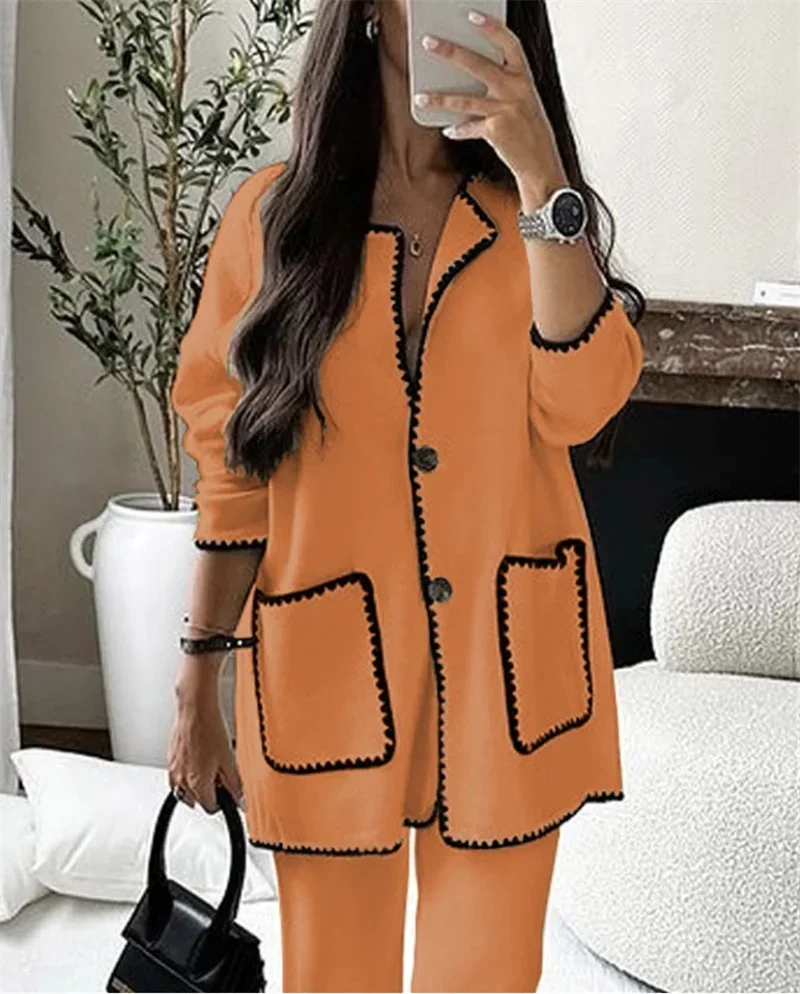 Women Autumn Two-piece Set Double Pocket Single-breasted Cardigan Tops Comfortable Casual Straight Pants New Korean Female Suits