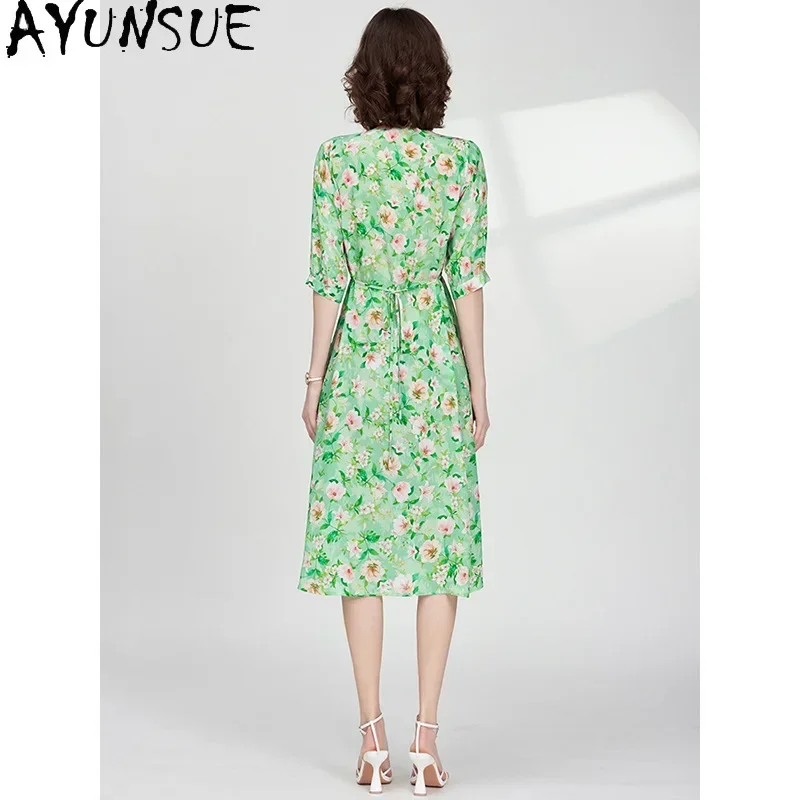 AYUNSUE-vestido de seda real de amoreira para mulheres, vestido médio verde, moda luxuosa, roupas de festa, 100% seda amoreira, 2022