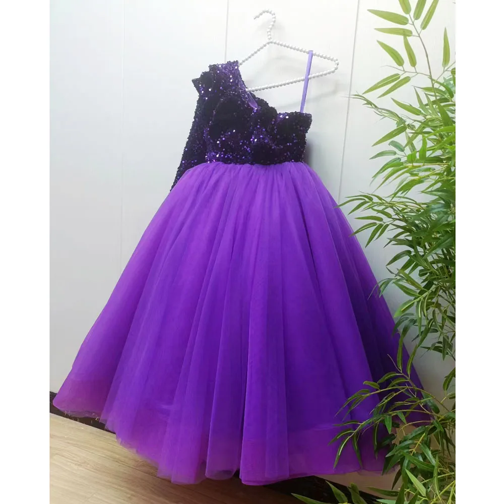 Customize Colors New Arrival Sequin Girls Princess Purple Sexy Single Long Sleeve Wedding Party Gown Birthday Tulle Dress