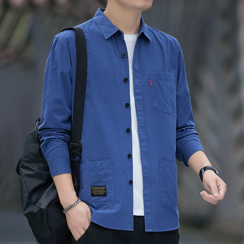 

Simple Pure Cotton Shirts Men Summer Turn-down Collar Single-breasted Long Sleeves Top Loose Casual Coat Fashionable Shirts