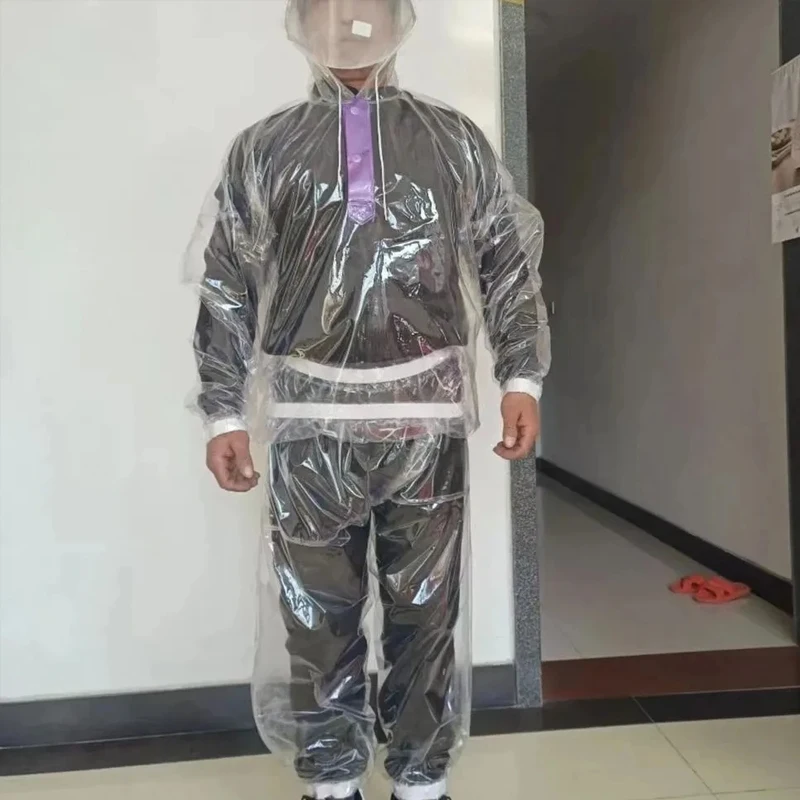 Clear Transparent Long Sleeve Plastic Hooded Waterproof Rainproof Hoodie With Trouser Suit Live Show Dance Costumes Hip Hop