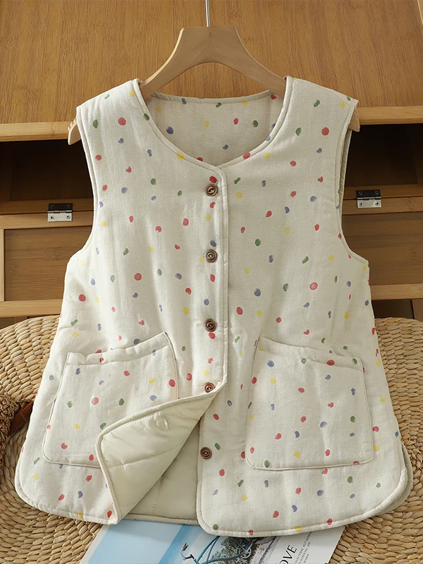 

Теплый художественный хлопковый жилет в горошек в стиле ретро, женский зимний модный круглой топ с застежкой на одной пуговице