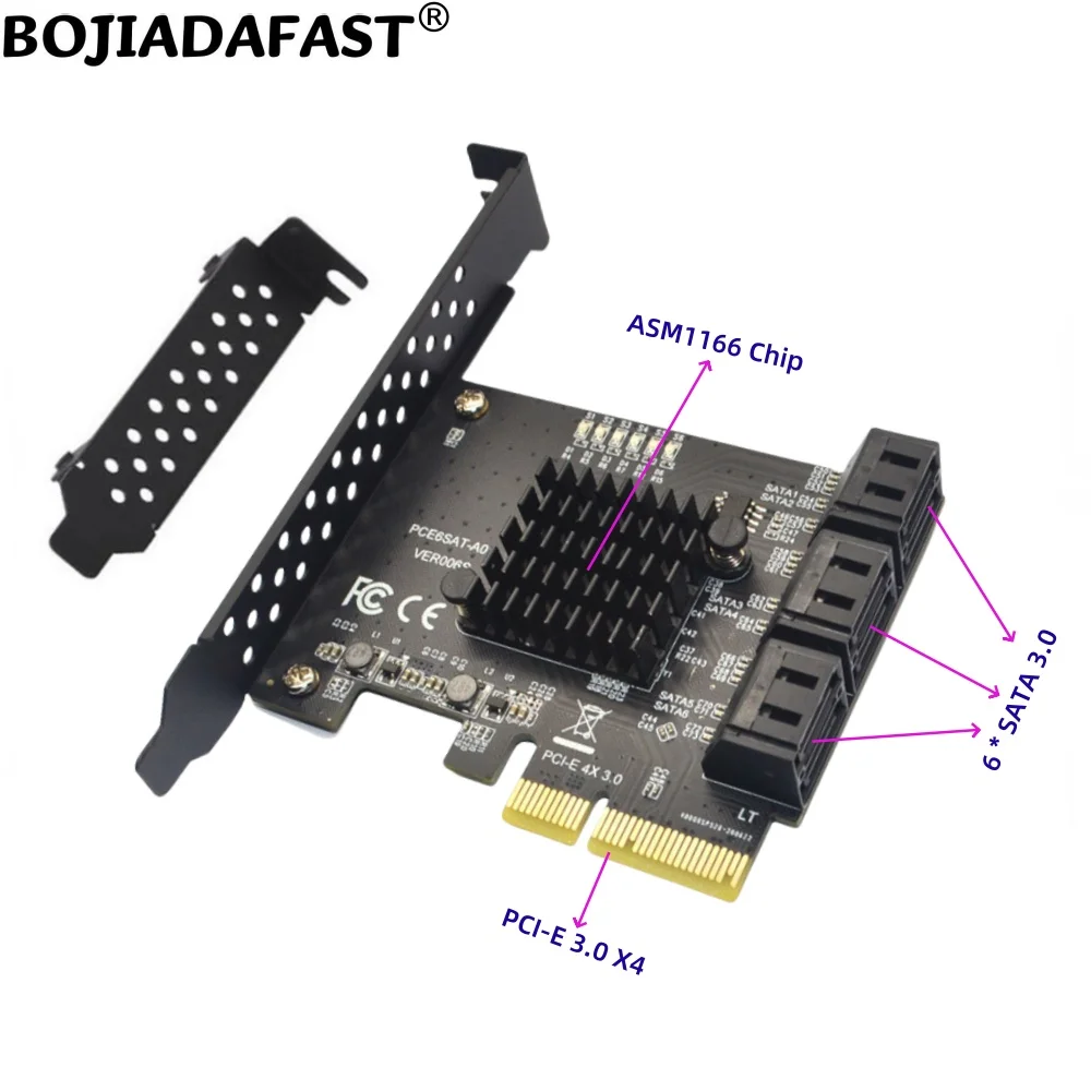 6 SATA 3.0 7Pin Connector To PCIe X4 PCI-E 3.0 4X Expansion Riser Card ASM1166 For HDD Hard Disk Drive