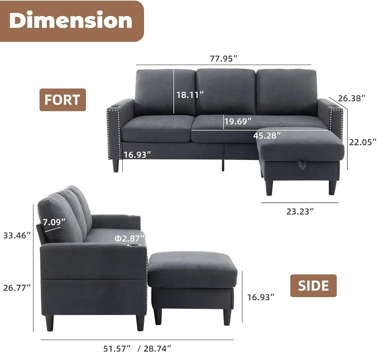 Convertible Sectional Couches for Living Room, Small Sofa 3 Seats Sofas with Storage Chaise & 2 Cup