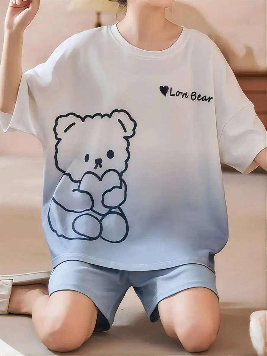 

Cute Bear And Letter Print Ombre Short Sleeve Round Neck Pajama Set Loose Fit Women Spring Summer