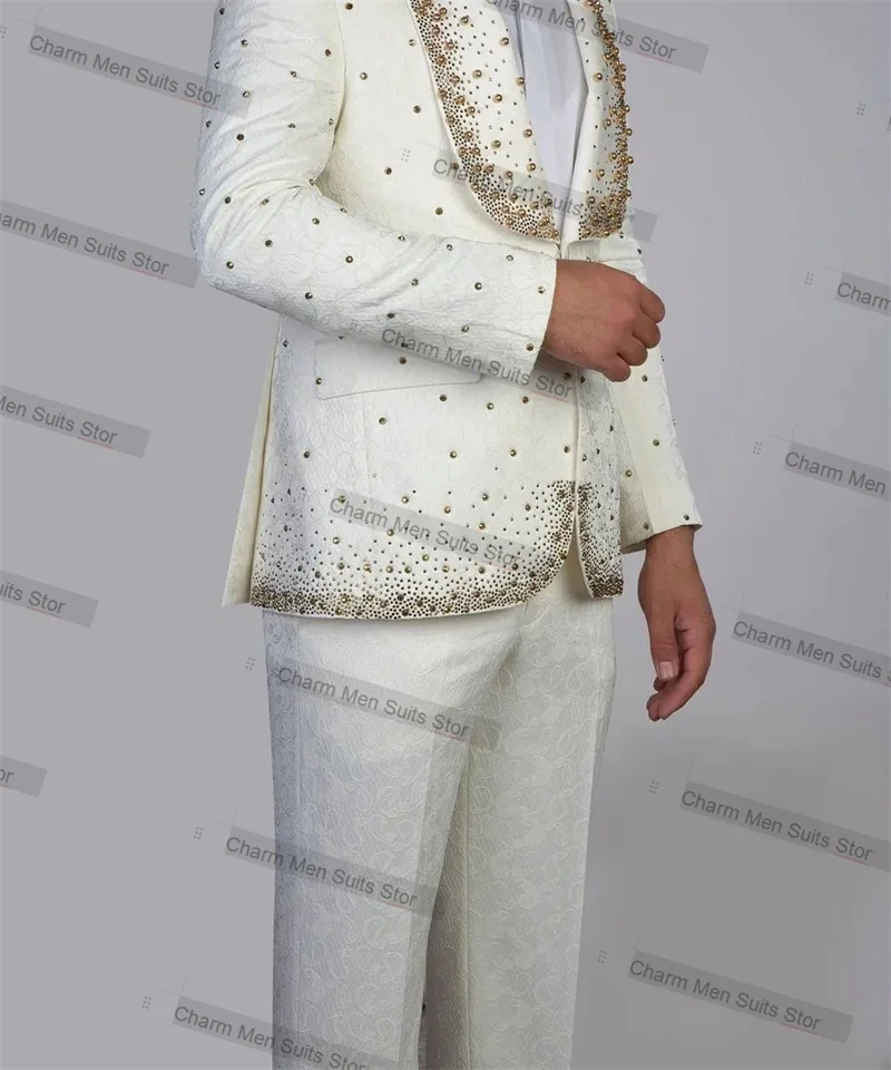 

Jacquard White Men Suits Set 3 Piece Blazer+Vest+Pants Custom Made Crystals Jacket Office Business Groom Wedding Tuxedo Coat