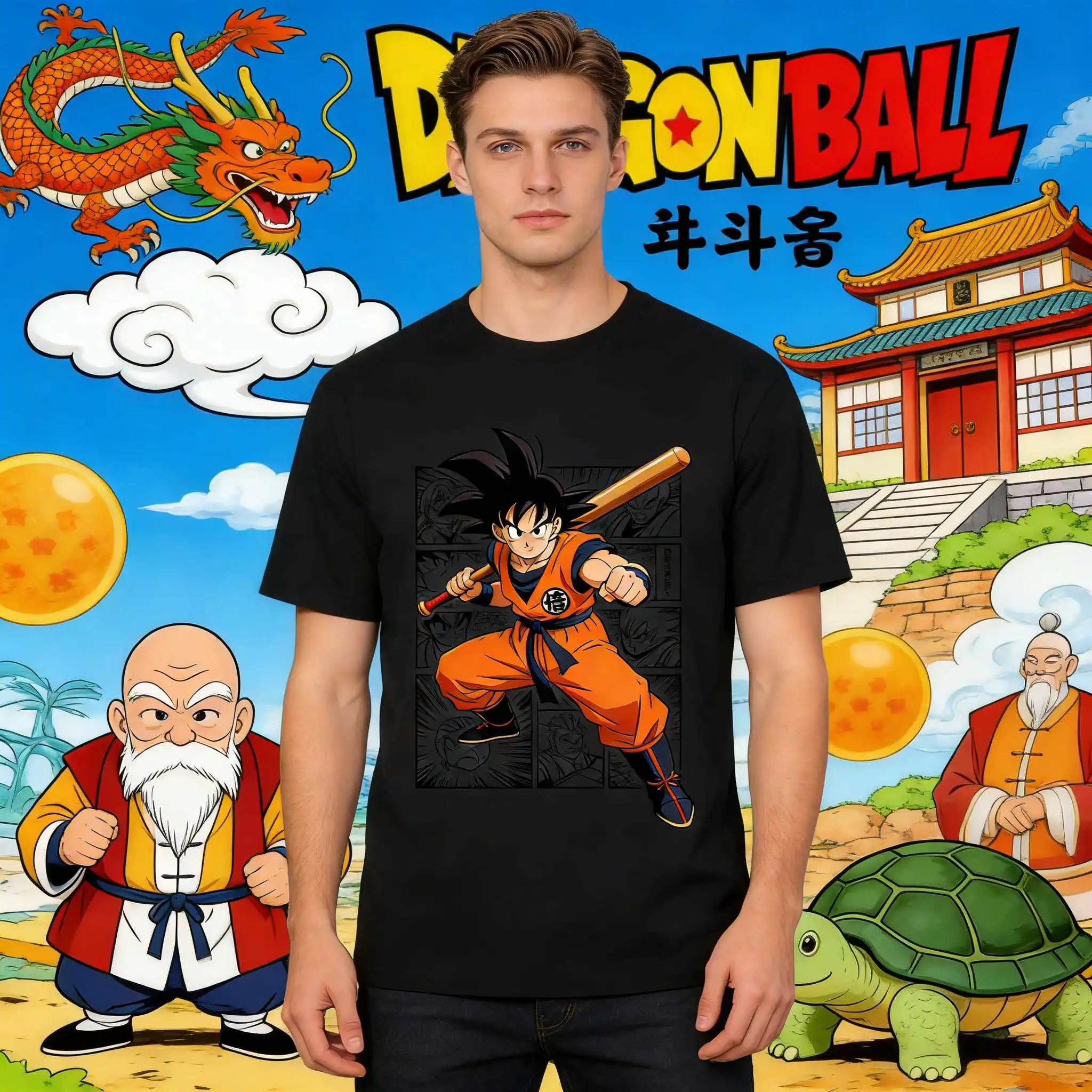 2026 Summer Dragon Ball Kid Goku with Power Pole Vintage Anime T-shirt Men's Pure Cotton Casual Loose Sports Daily Top Y2K Style