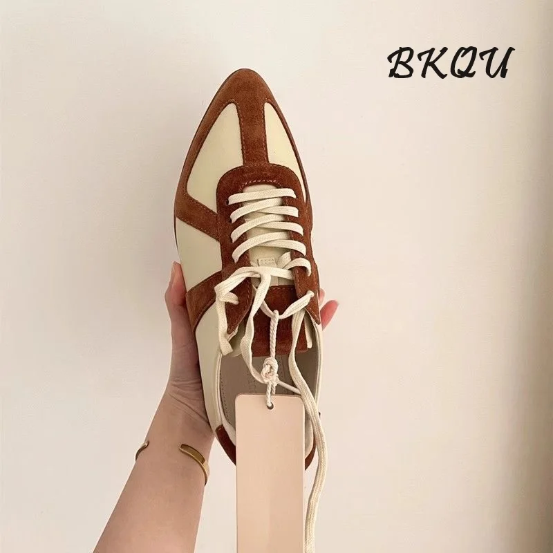 BKQU Ladies Pointe De Training Shoes 2024 New Retro Casual Color Matching Lace-up All Korean Version Spliced Flat Shoes