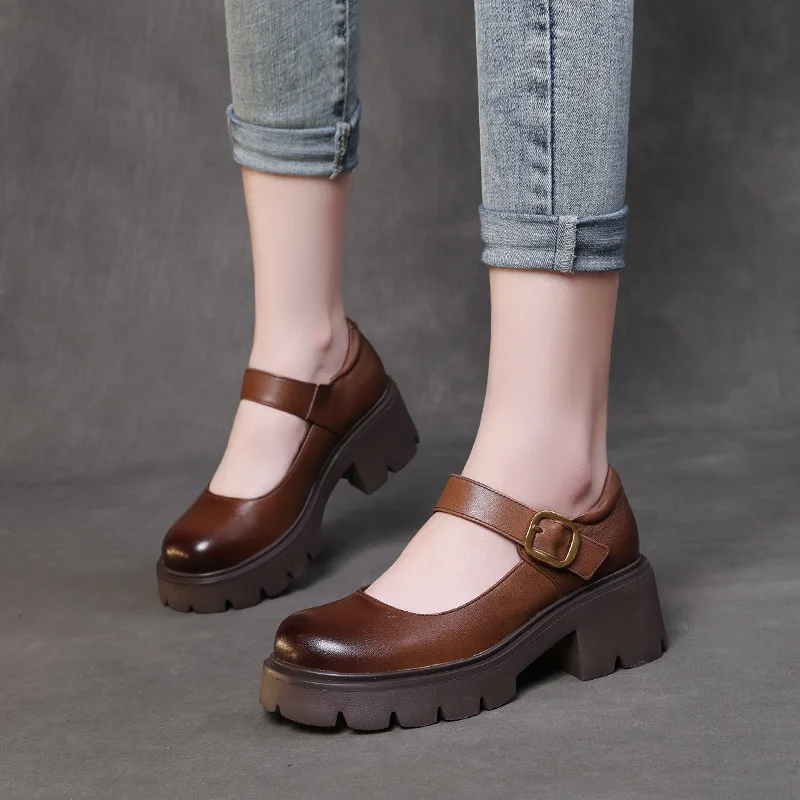 Spring Autumn Retro Women Pumps Genuine Leather Square Heel Round Toe Buckle Strap Solid retro Shoes For Women Khaki