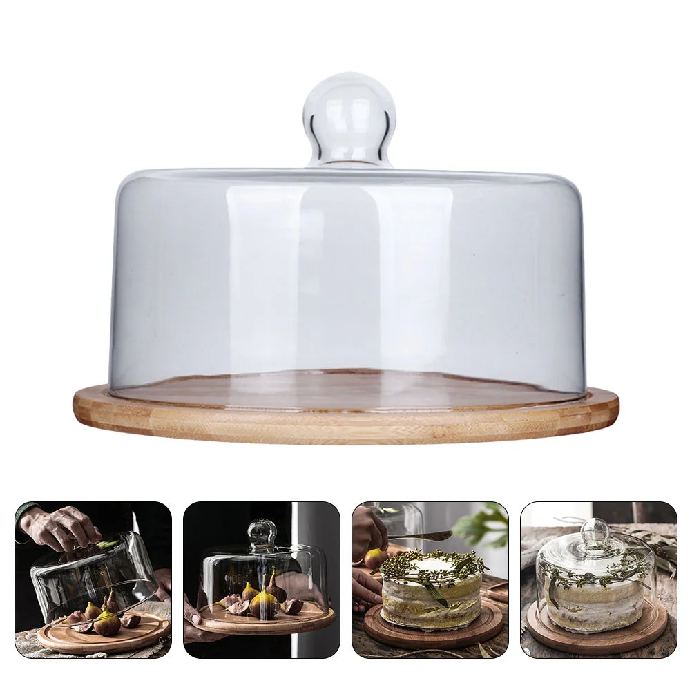 

Clear Glass Dome Cloche with Wood Base Tay Handle Cloche Bell Jar Cake Display Case Tabletop Centerpiece for Dessert Cheese