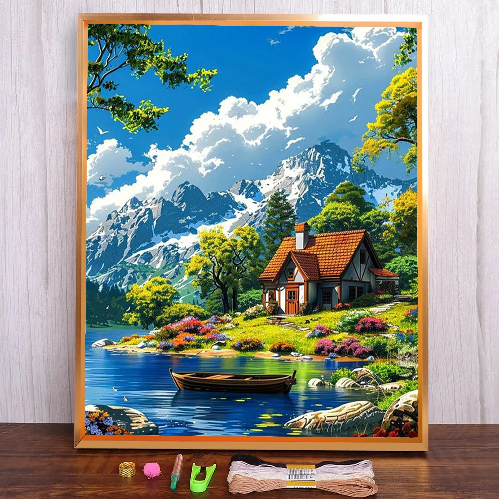 

11CT Printed Canvas Landscape Embroidery Kits Cotton Thread Cross Stitch Mountain House Needlework DIY Gift Home Wall Decor