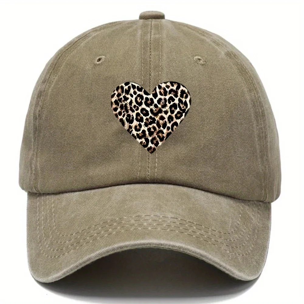 1pc Leopard Heart Washed Hat, Baseball Hats, Adjustable Style Hats, Hats with Multiple Color Options, Suitable for Outdoor Sport
