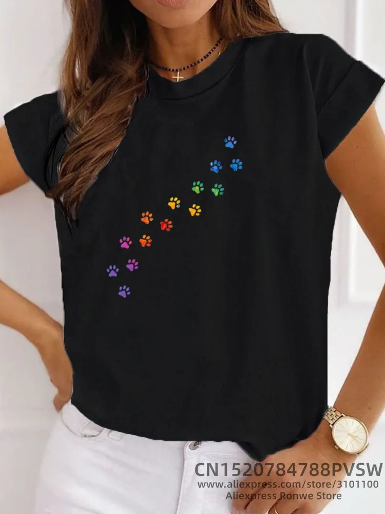 Cat MOM Women's Top Summer Fashion Short-sleeved Cat and Dog Paw Print Girl T-shirt Female Y2K Clothes,Drop Ship