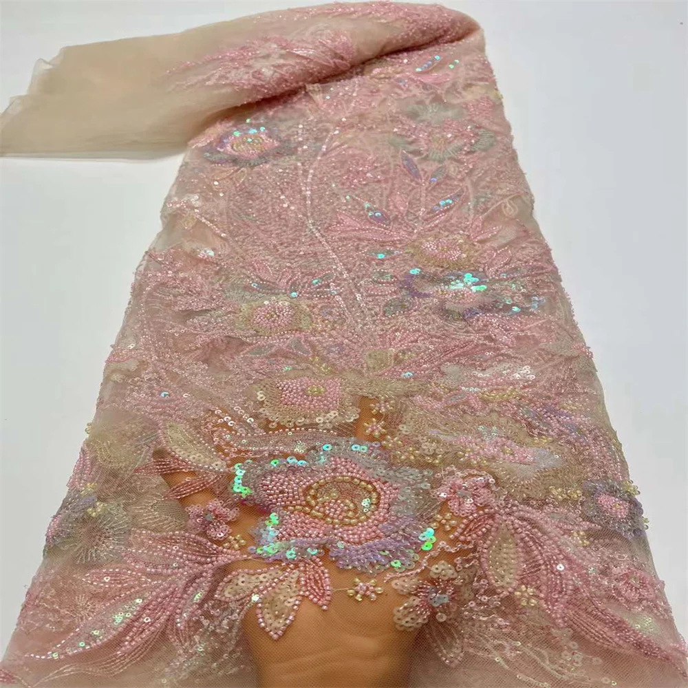 

Hot Sale African Tulle Sequins Lace New Design French Beaded Mesh Bridal Laces Embroidery Net Fabric For Wedding Dress 2-5HX3009
