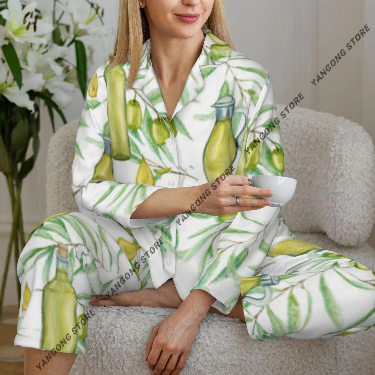 

Spring Autumn Long Sleeve Pants Pajamas Loungewear Set Olive Tree Branch Oil Glass Bottle Women's Pull Edge Loose Sleeping Suit