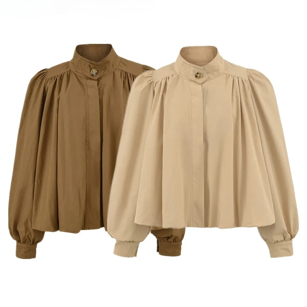 2025 الخريف الوقوف طوق مطوي فانوس كم قميص المرأة واحدة الصدر أزرار فضفاضة كيب البلوزات سوينغ ملابس علوية من القطن