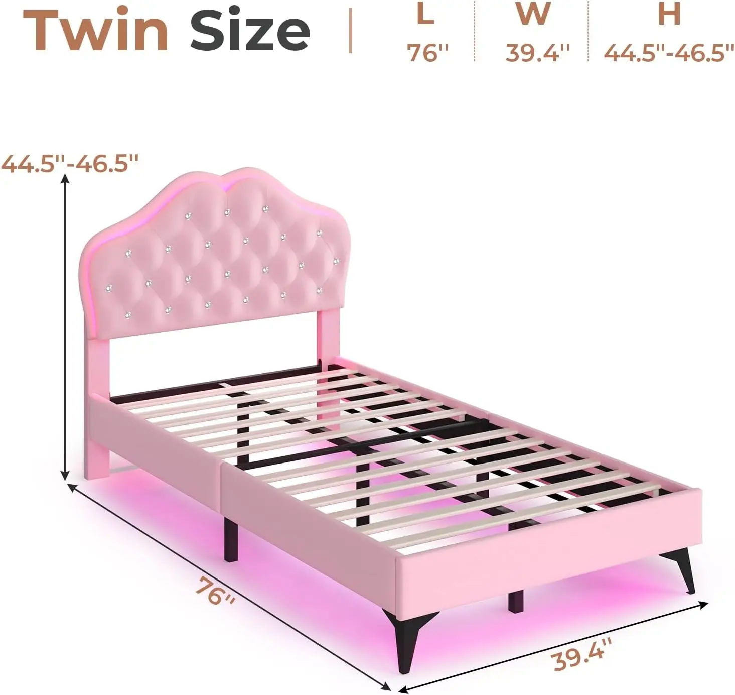 Twin Size Upholstered Bed Frame with LED Lights, Princess Platform Bed for Girls, Adjustable Headboard with Crystal Button, Soli