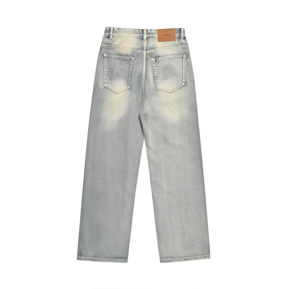 Men's Long Trousers of Washed, Whitened and Faded Jeans, Versatile, Loose, Straight-leg and Wide-leg, Retro Style.